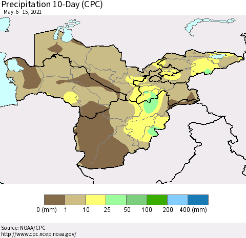 Central Asia Precipitation 10-Day (CPC) Thematic Map For 5/6/2021 - 5/15/2021