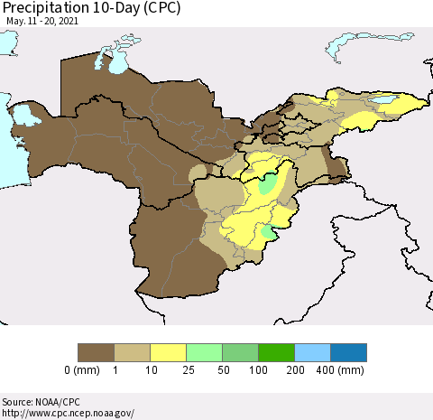 Central Asia Precipitation 10-Day (CPC) Thematic Map For 5/11/2021 - 5/20/2021