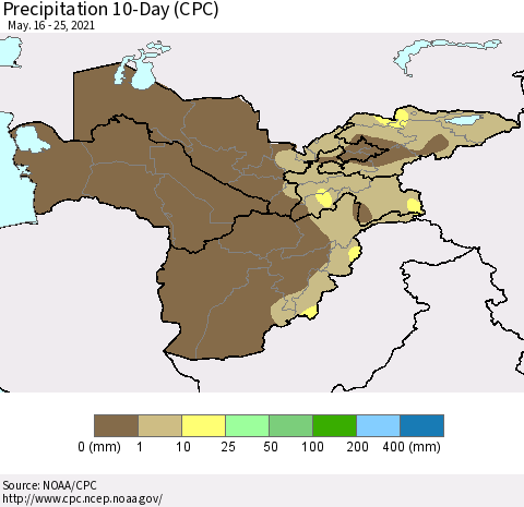 Central Asia Precipitation 10-Day (CPC) Thematic Map For 5/16/2021 - 5/25/2021