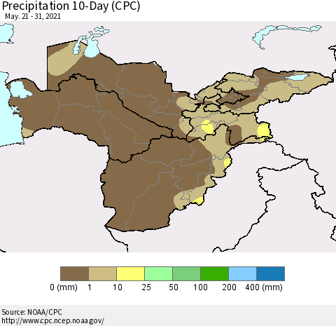 Central Asia Precipitation 10-Day (CPC) Thematic Map For 5/21/2021 - 5/31/2021