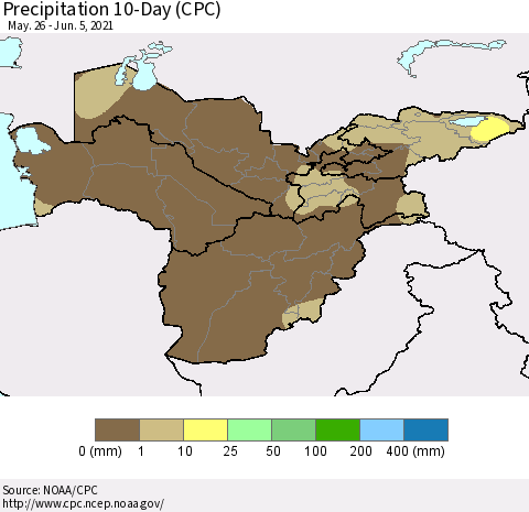 Central Asia Precipitation 10-Day (CPC) Thematic Map For 5/26/2021 - 6/5/2021