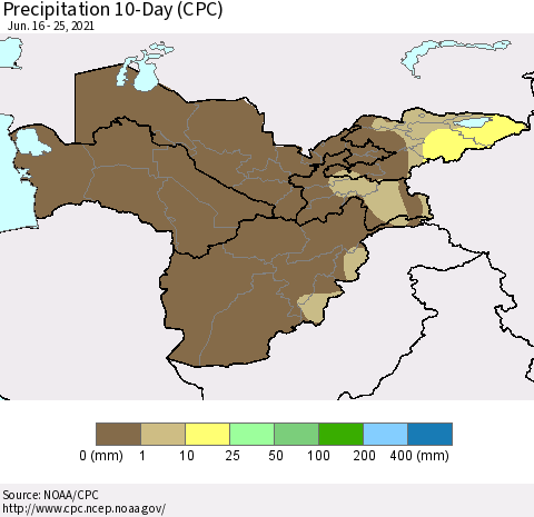 Central Asia Precipitation 10-Day (CPC) Thematic Map For 6/16/2021 - 6/25/2021