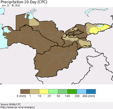 Central Asia Precipitation 10-Day (CPC) Thematic Map For 6/21/2021 - 6/30/2021