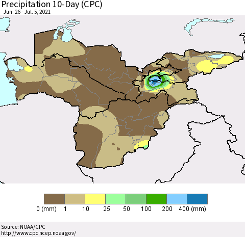 Central Asia Precipitation 10-Day (CPC) Thematic Map For 6/26/2021 - 7/5/2021