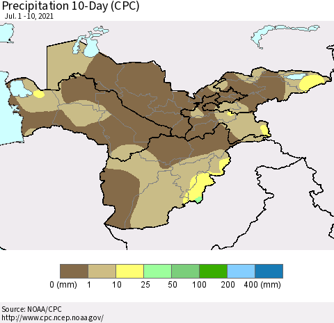 Central Asia Precipitation 10-Day (CPC) Thematic Map For 7/1/2021 - 7/10/2021