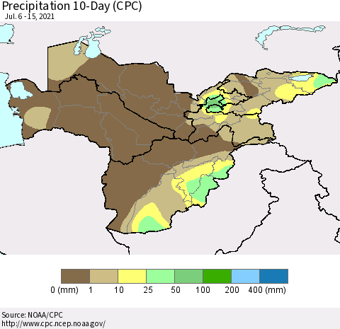 Central Asia Precipitation 10-Day (CPC) Thematic Map For 7/6/2021 - 7/15/2021
