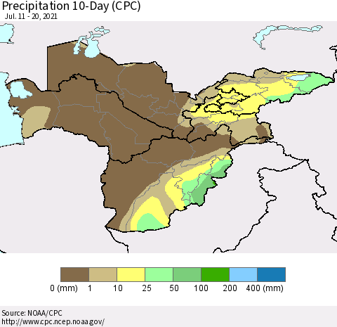 Central Asia Precipitation 10-Day (CPC) Thematic Map For 7/11/2021 - 7/20/2021