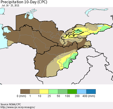 Central Asia Precipitation 10-Day (CPC) Thematic Map For 7/16/2021 - 7/25/2021