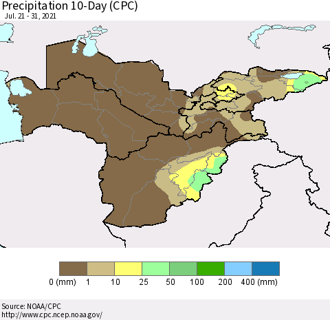 Central Asia Precipitation 10-Day (CPC) Thematic Map For 7/21/2021 - 7/31/2021