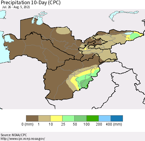 Central Asia Precipitation 10-Day (CPC) Thematic Map For 7/26/2021 - 8/5/2021