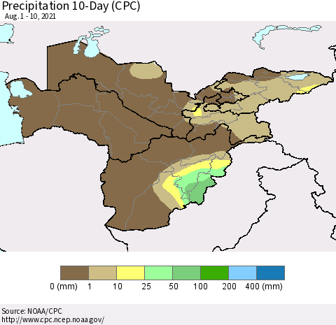 Central Asia Precipitation 10-Day (CPC) Thematic Map For 8/1/2021 - 8/10/2021