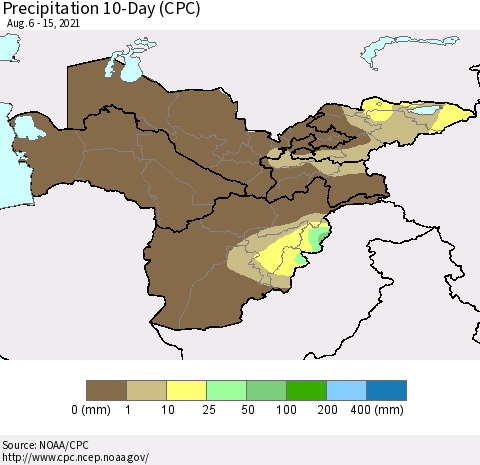 Central Asia Precipitation 10-Day (CPC) Thematic Map For 8/6/2021 - 8/15/2021