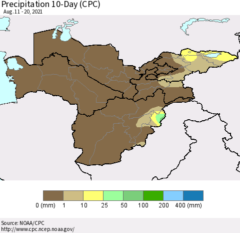 Central Asia Precipitation 10-Day (CPC) Thematic Map For 8/11/2021 - 8/20/2021