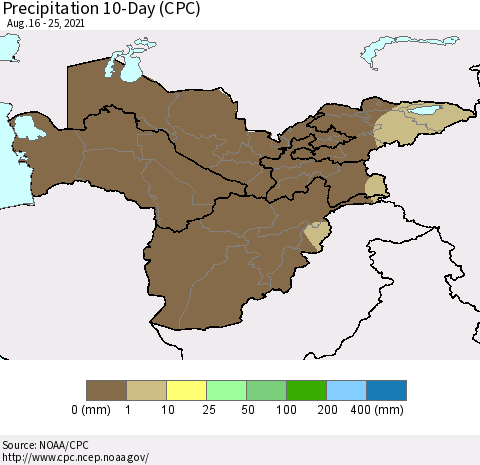 Central Asia Precipitation 10-Day (CPC) Thematic Map For 8/16/2021 - 8/25/2021