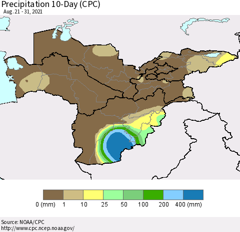 Central Asia Precipitation 10-Day (CPC) Thematic Map For 8/21/2021 - 8/31/2021