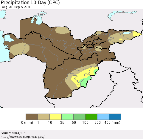 Central Asia Precipitation 10-Day (CPC) Thematic Map For 8/26/2021 - 9/5/2021