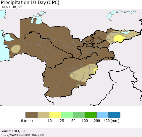 Central Asia Precipitation 10-Day (CPC) Thematic Map For 9/1/2021 - 9/10/2021