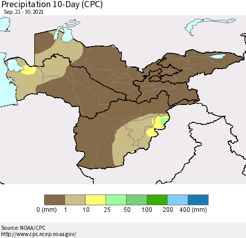Central Asia Precipitation 10-Day (CPC) Thematic Map For 9/21/2021 - 9/30/2021
