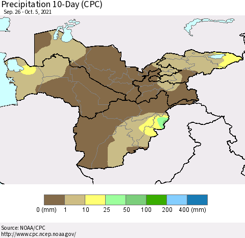 Central Asia Precipitation 10-Day (CPC) Thematic Map For 9/26/2021 - 10/5/2021