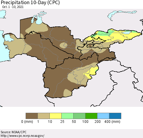 Central Asia Precipitation 10-Day (CPC) Thematic Map For 10/1/2021 - 10/10/2021