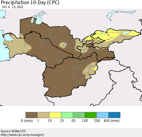 Central Asia Precipitation 10-Day (CPC) Thematic Map For 10/6/2021 - 10/15/2021