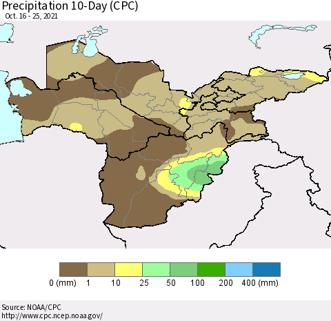 Central Asia Precipitation 10-Day (CPC) Thematic Map For 10/16/2021 - 10/25/2021
