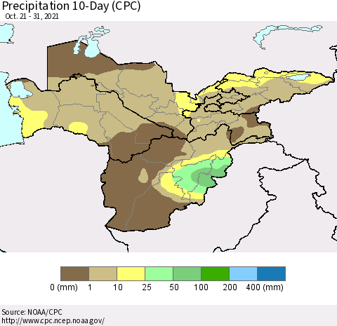 Central Asia Precipitation 10-Day (CPC) Thematic Map For 10/21/2021 - 10/31/2021
