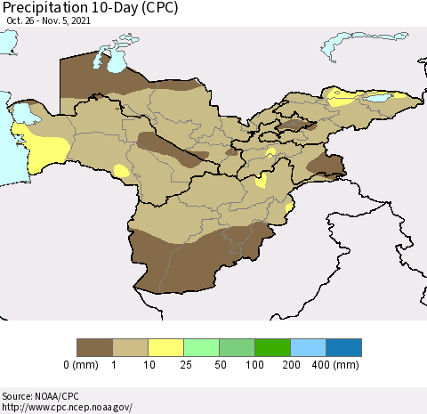 Central Asia Precipitation 10-Day (CPC) Thematic Map For 10/26/2021 - 11/5/2021