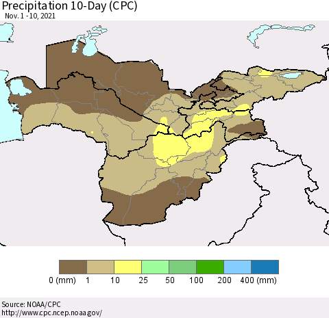Central Asia Precipitation 10-Day (CPC) Thematic Map For 11/1/2021 - 11/10/2021