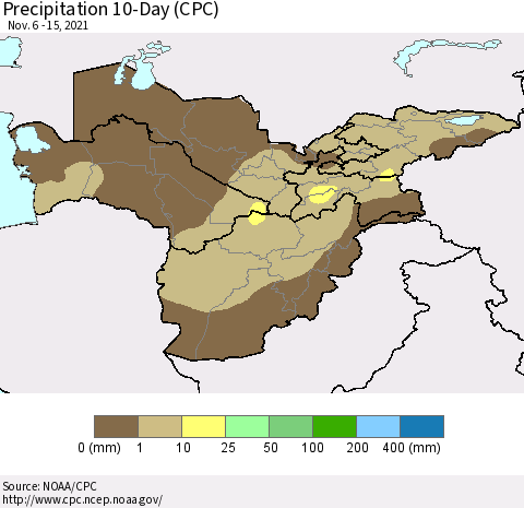 Central Asia Precipitation 10-Day (CPC) Thematic Map For 11/6/2021 - 11/15/2021