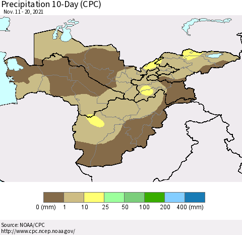 Central Asia Precipitation 10-Day (CPC) Thematic Map For 11/11/2021 - 11/20/2021