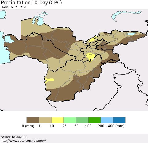 Central Asia Precipitation 10-Day (CPC) Thematic Map For 11/16/2021 - 11/25/2021