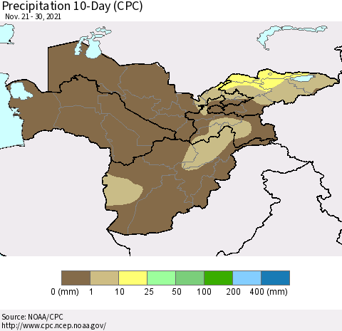 Central Asia Precipitation 10-Day (CPC) Thematic Map For 11/21/2021 - 11/30/2021