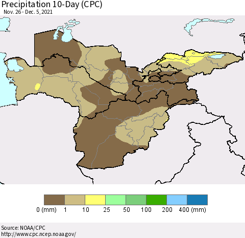 Central Asia Precipitation 10-Day (CPC) Thematic Map For 11/26/2021 - 12/5/2021
