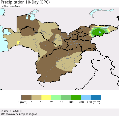 Central Asia Precipitation 10-Day (CPC) Thematic Map For 12/1/2021 - 12/10/2021