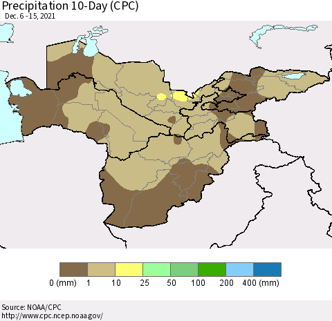 Central Asia Precipitation 10-Day (CPC) Thematic Map For 12/6/2021 - 12/15/2021