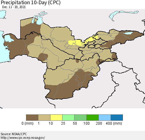 Central Asia Precipitation 10-Day (CPC) Thematic Map For 12/11/2021 - 12/20/2021