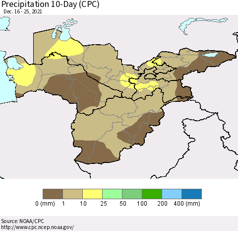 Central Asia Precipitation 10-Day (CPC) Thematic Map For 12/16/2021 - 12/25/2021