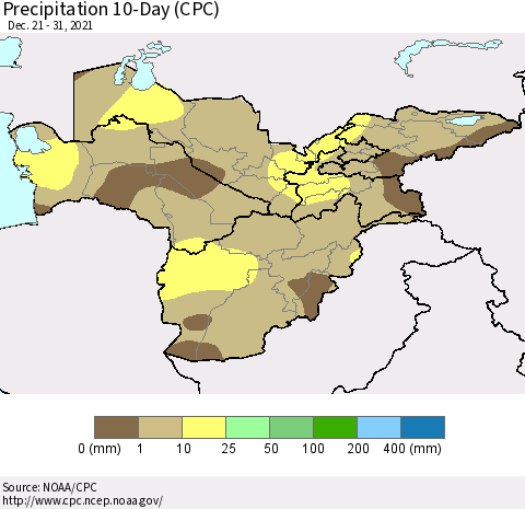 Central Asia Precipitation 10-Day (CPC) Thematic Map For 12/21/2021 - 12/31/2021