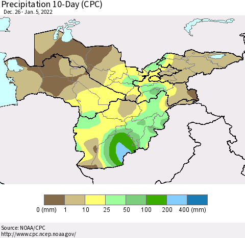 Central Asia Precipitation 10-Day (CPC) Thematic Map For 12/26/2021 - 1/5/2022