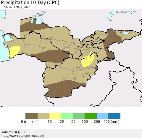 Central Asia Precipitation 10-Day (CPC) Thematic Map For 1/26/2022 - 2/5/2022