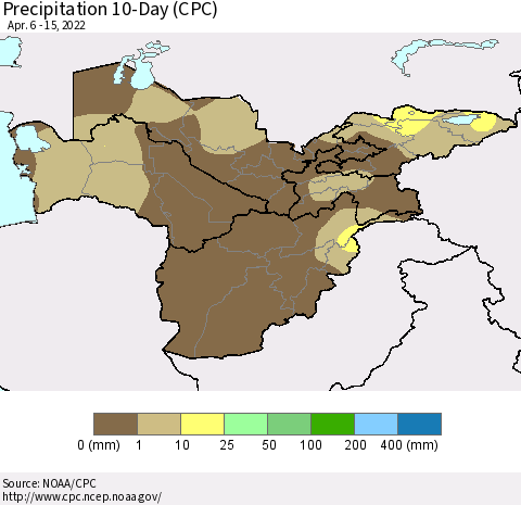 Central Asia Precipitation 10-Day (CPC) Thematic Map For 4/6/2022 - 4/15/2022