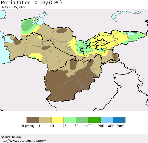 Central Asia Precipitation 10-Day (CPC) Thematic Map For 5/6/2022 - 5/15/2022