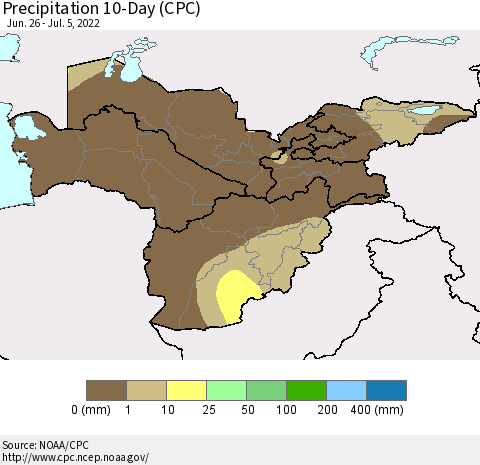 Central Asia Precipitation 10-Day (CPC) Thematic Map For 6/26/2022 - 7/5/2022