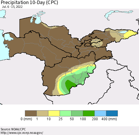 Central Asia Precipitation 10-Day (CPC) Thematic Map For 7/6/2022 - 7/15/2022