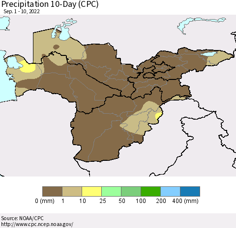Central Asia Precipitation 10-Day (CPC) Thematic Map For 9/1/2022 - 9/10/2022