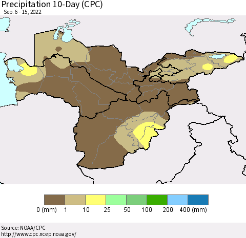 Central Asia Precipitation 10-Day (CPC) Thematic Map For 9/6/2022 - 9/15/2022