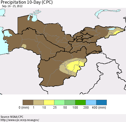 Central Asia Precipitation 10-Day (CPC) Thematic Map For 9/16/2022 - 9/25/2022