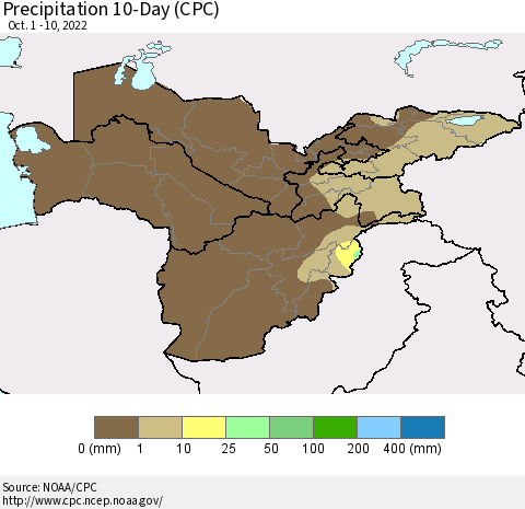 Central Asia Precipitation 10-Day (CPC) Thematic Map For 10/1/2022 - 10/10/2022