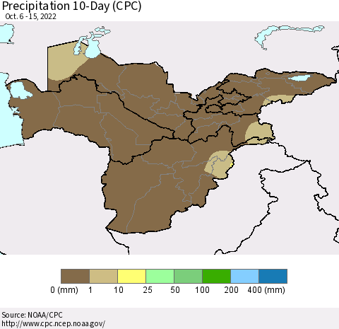 Central Asia Precipitation 10-Day (CPC) Thematic Map For 10/6/2022 - 10/15/2022